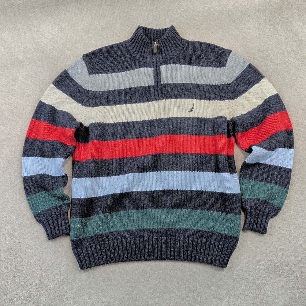 Nautica Size XL Mens Vintage Striped Quarter Zip Wool Blend Sweater Multi-Color